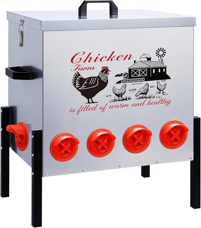 100 LB Automatic Chicken Feeder 10 Port L No-Waste Ports Heavy-Duty Outdoor Metal Feeder with Adjustable Height,Locking Lid & Riveted Handles,Rustproof Feed Box for Poultry & Backyard