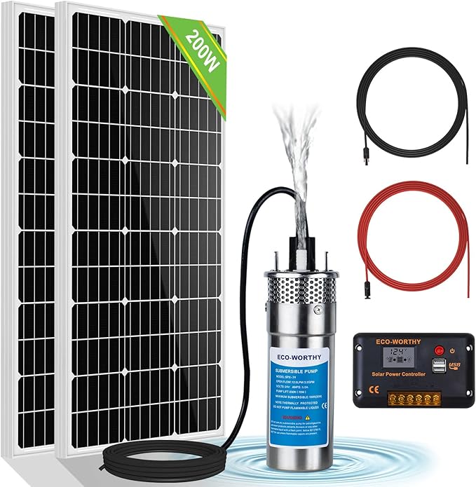 ECO-WORTHY 3.2GPM Solar Well Pump Kit for Watering- 1pc Submersible 12V Solar Water Pump + 2pcs 100W Mono Solar Panel + 20A Charge Controller for well, off-grid living, Irrigation