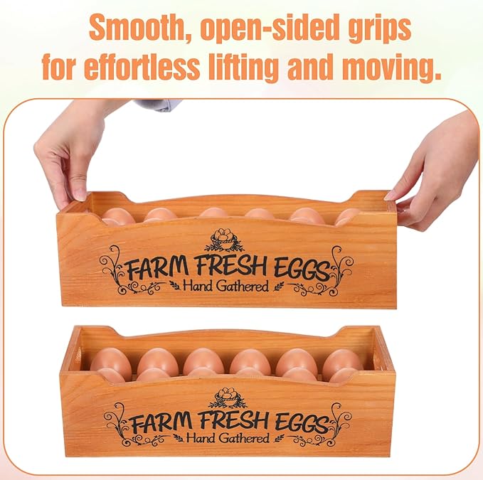 2 Pieces Wooden Egg Holder Countertop, Stackable 12 Capacity Farmhouse Rustic Pinewood Egg Storage Display Rack Basket with Handle, Eggs Organizer Stand Box with “Farm Fresh Eggs” Print