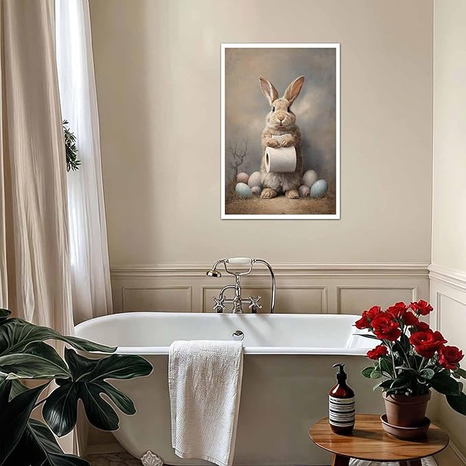 MNFGMH Easter Canvas Wall Art Bunny Bathroom Picture Wall Decoration Modern Spring Rabbit Poster Home Painting Gift Canvas Roll 24x36 inch