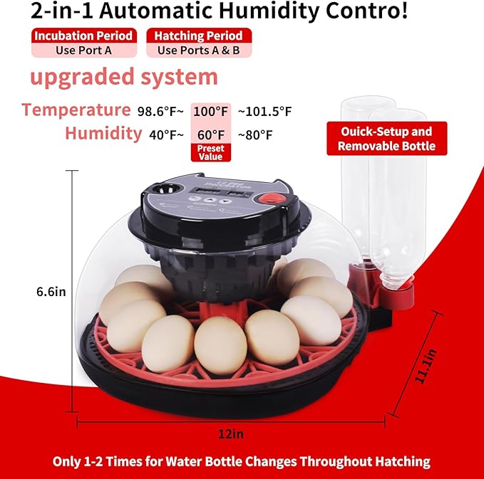 Incubators for Hatching Eggs with Automatic Egg Turning,Temperature & Humidity Control, Come with Egg Candler, External Water Bottles 360° Clear View Incubator for Hatching Chicken Eggs Quail Duck