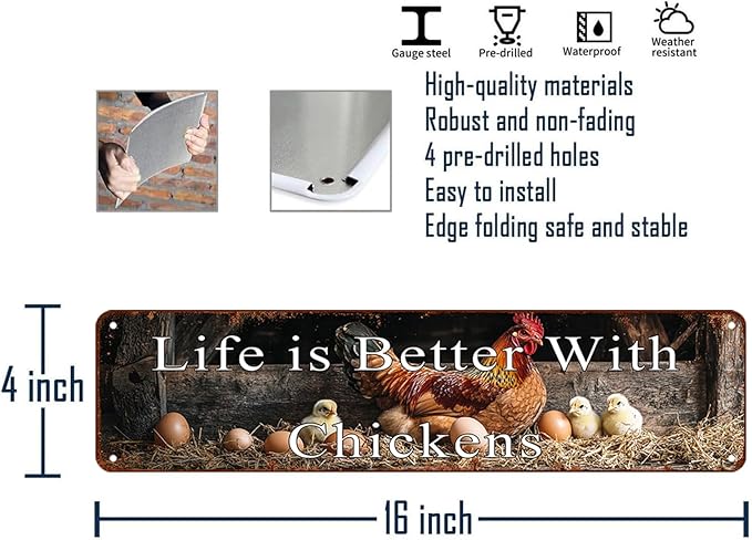 Chicken Coop Metal Tin Sign Kitchen Wall Art Decor Door Hanging Farm Signs Life Is Better With Chickens Sign Chicken Coop Accessories Garden Tin Sign Chickens Decorations For Home 4x16 Inch