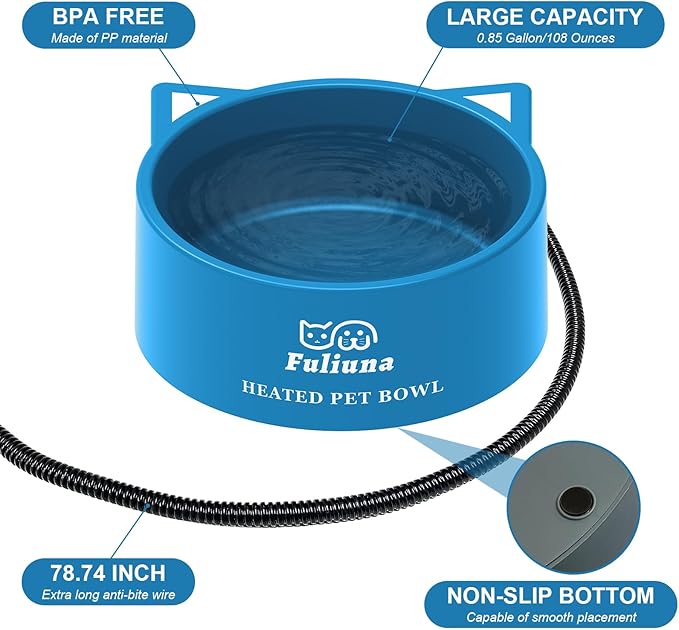 3.2L Large Heated Water Bowl, Outside Heated Dog Dish with Chew Resistant Power Cord, Thermal Bowls Provide Drinkable Water in Winter, Anti-Slip Pet Bowls for Dog Cat Rabbit Chicken Duck Blue