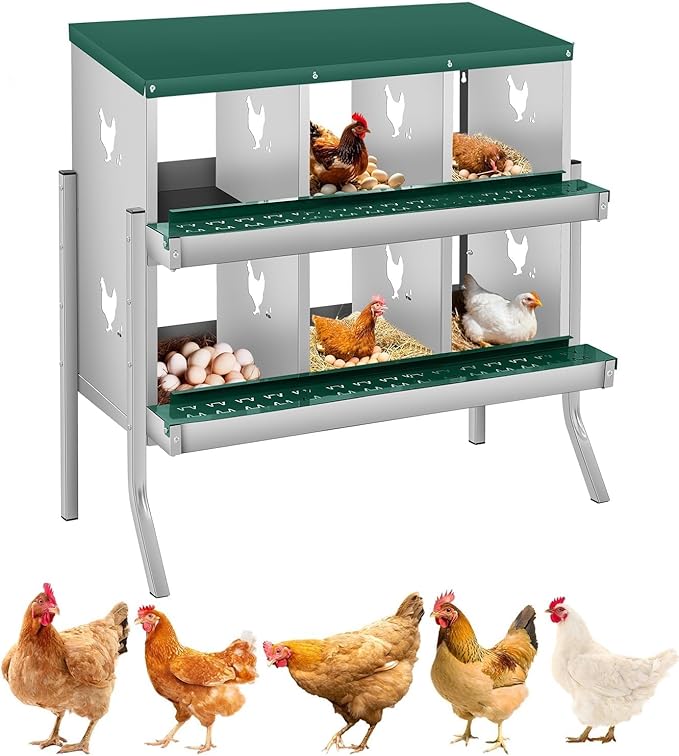 6-Hole Chicken Nesting Box, Rustproof Galvanized Steel, Wall-Mounted Metal Laying Box for Hens, Easy Egg Collection & Cleaning, Roll Away Nest Boxes - Green