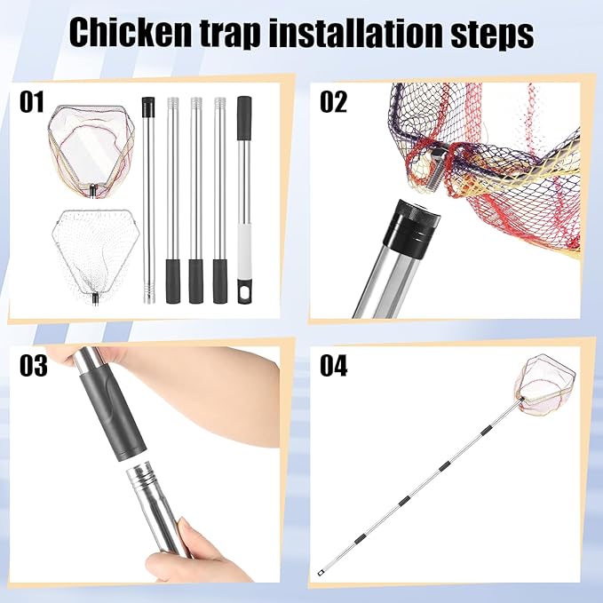 Chicken Catching Net 2 Pcs, Bird Catching Net, 32" to 80" Stainless Steel Poultry Catcher for Catching Small Chicken, Goose, Ducks, Fish, Birds(2 Nets, 1 Pole Included)