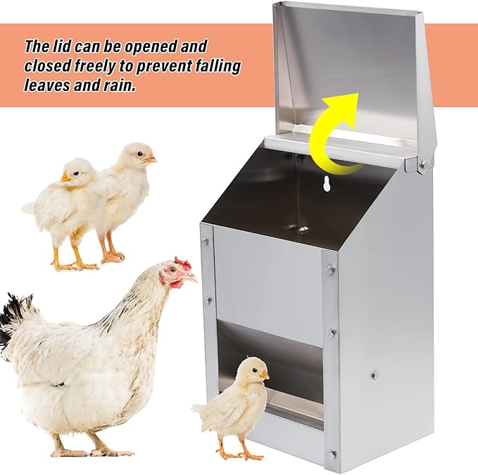 Wall Mounted Chicken Feeder Hanging Automatic Poultry Feeder with Lid Weatherproof Galvanized Steel Poultry Feeders Trough(10LB Capacity)
