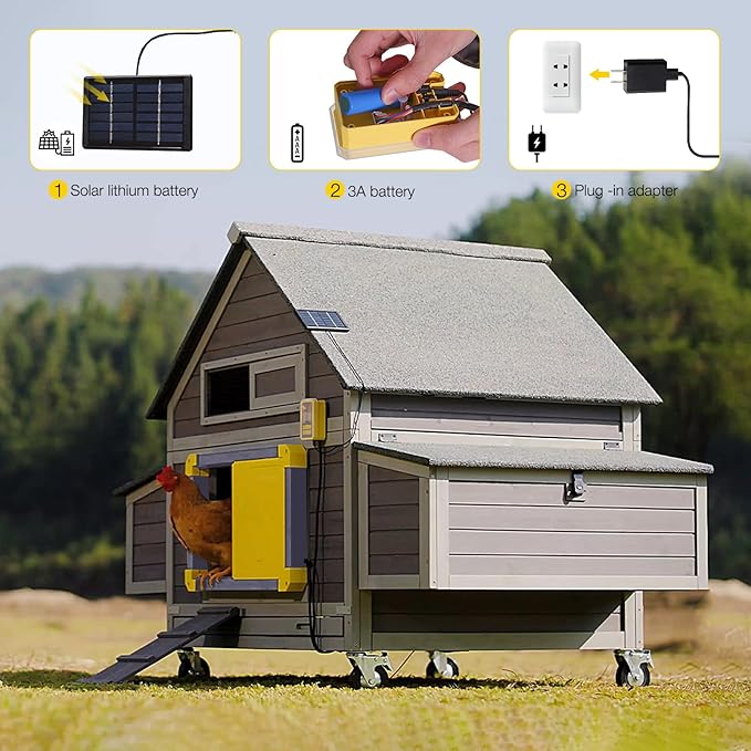 Automatic Chicken Coop Door Powered with Heating, Anti-Pinch Design Solar Chicken Door Opener, Auto Chicken House Run Door with Three Power Supply Modes for Chickens and Ducks (Grey)