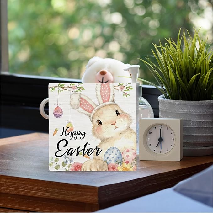 Happy Easter Bunny Wooden Box Sign Desk Decor, Easter Rabbit Decor, Spring Floral Egg Bunny Wood Signs for Bedroom Home Office Desk Table Shelf Decorations, 5x5 Inch