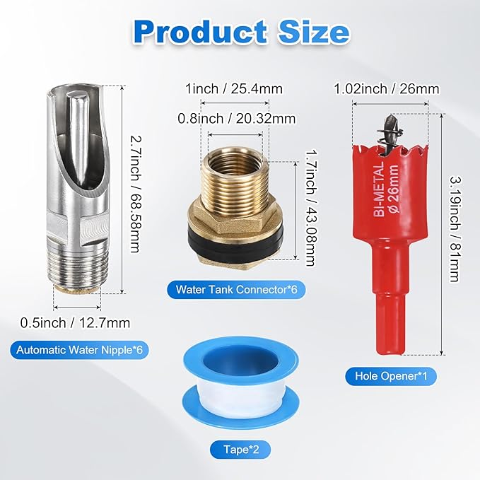 8-Pack Pig Nipple Waterer for Barrel Kit, Stainless Steel Automatic Pig Water Nipple with Brass Water Tank Connector and Installation Hole Opener for Hog/Goat/Sows Piglets