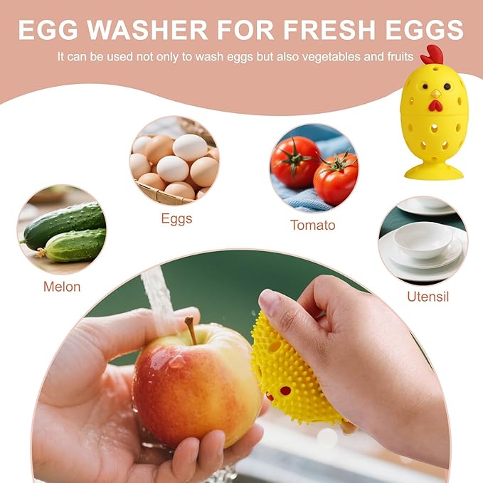 Silicone Egg Wash and Scrub Brusher 4PCS, Reusable Cute Chick-Shaped Cleaning Scrubber Tool for Fresh Eggs, Chicken Duck Fruit and Vegetable(Yellow)