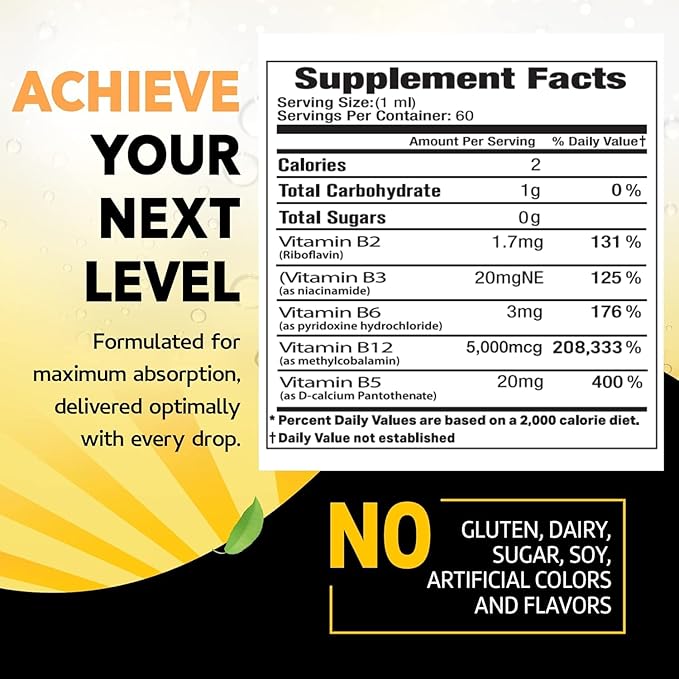 Vitamin B12 Liquid Drops - Vegan B12 vitamins 5000 mcg Methylcobalamin Fast-Acting Sublingual B Complex Liquid Vitamin B2, B3, B6 - Non-GMO, No Dairy, Soy & Sugar, Raspberry Flavor, 2 fl. oz.