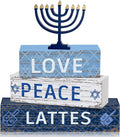 Geelin 4 Pcs Hanukkah Decorations for Home 3 Layered Wood Block with Dreidel Star of David Menorah Hanukkah Decor Blue and White Jewish Judaism Chanukah Decor for Mantel Tabletop Party