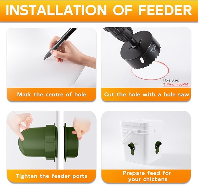 Chicken Feeder Port 12 Pack Poultry No Waste Port Kit with Stopper Lid, 1 Hole Saw, DIY Automatic Reusable Coop Feeder, Rain Proof Gravity Feeding Geese Duck Hens Rooster for Bucket Barrel Bin (Green)