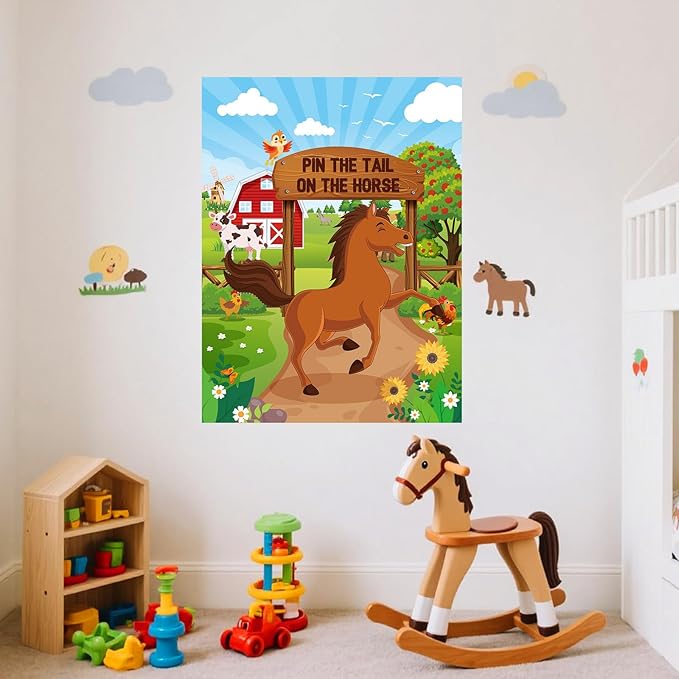 Faccito Farm Animal Games Pin The Tail on The Animals Barn Birthday Party Decorations Farm Poster Games with 24 Stickers Eye Mask for Family Activities Birthday Party Decor Supplies(Horse)