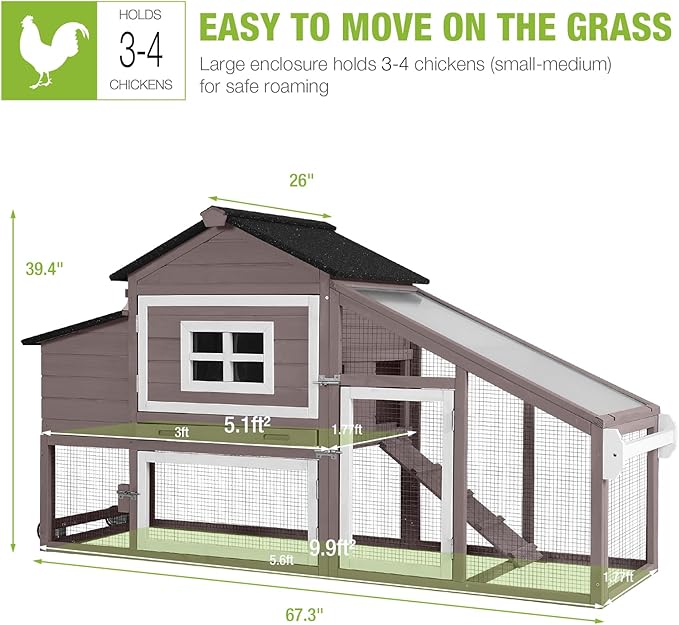 GUTINNEEN Chicken Coop Mobile Hen House Wooden with Run Poultry Cage with Nesting Box,Field Grey