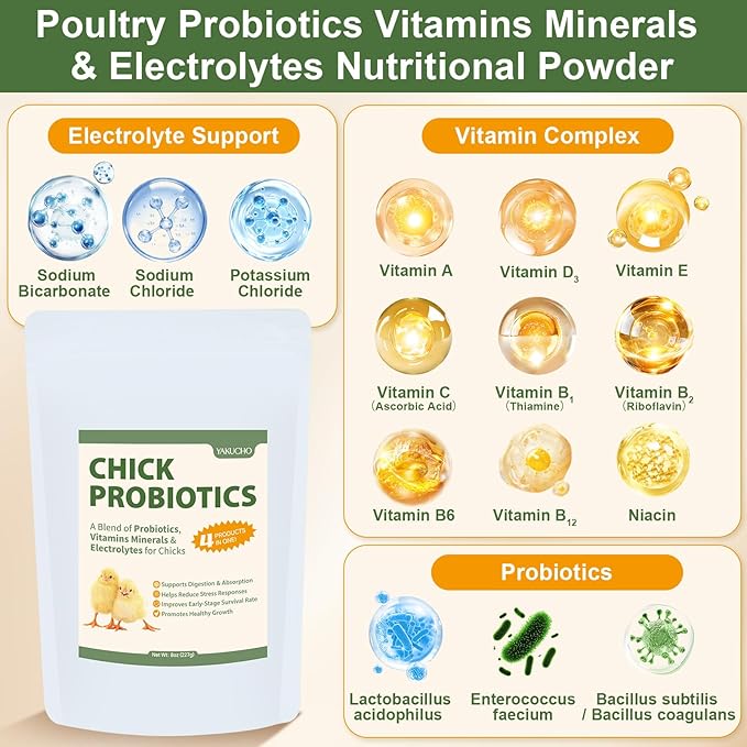 Chick Probiotics Powder, 4-in-1 Poultry Nutrition with Probiotics Vitamins Minerals & Electrolytes, Supports Digestion Hydration & Healthy Growth for Chicks, Poultry Nutrient Boost Supplements Feed