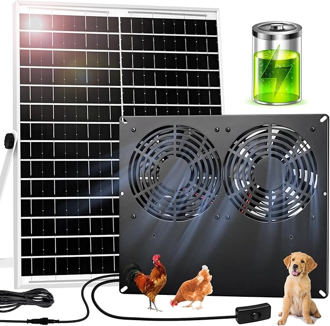25W Metal Frame Solar Powered Fan with Battery, IP65 Waterproof Solar Exhaust/Intake Fan for Chicken Coop, Greenhouse, Dog House and Shed, Low Noise (16.4FT Cord)