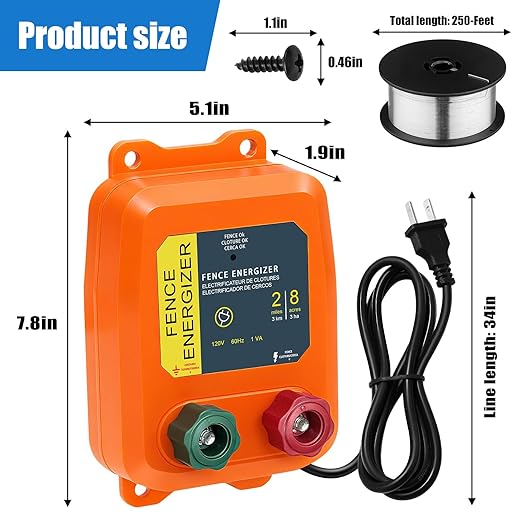 PE2 Electric Fence Energizer Plus 250 Feet Electric Fence Kit 0.10 Joule Livestock Fence Chargers for Accommodating Pets Livestock and Preventing Wildlife Invasion (Aluminum Wire)