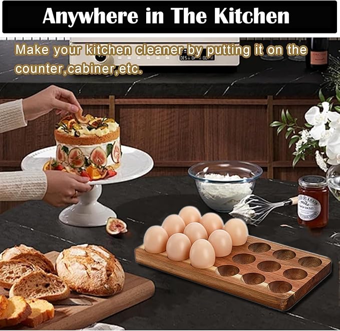 Acacia Wood Egg Holder for 18 Eggs, Rustic Countertop and Refrigerator Storage Tray, Farmhouse Kitchen Organizer with 1.5" Holes, Easy Clean Deviled Plates for Easter Decor,11.5" x 5.75" (1)