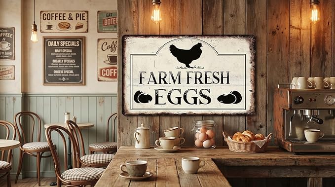 Farm Fresh Eggs Vintage Metal Tin Sign 12x8 Inch - Rustic Farmhouse Chicken Wall Art, Fresh Eggs Sign for Kitchen Restaurant Cafe Bar Garage, Country Decor Gift