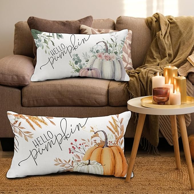 Thanksgiving Day Hello Pumpkin Eucalyptus Leave Throw Pillow Cover 12x20 Inch, Fall Autumn Thankful Harvest Decoration for Home Sofa Couch