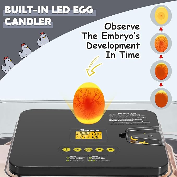 Sailnovo 56 Egg Incubator for Hatching Eggs with Automatic Egg Turning and Auto Humidification, Temperature Control, Egg Candler, Incubator for Chicken Eggs, Gray