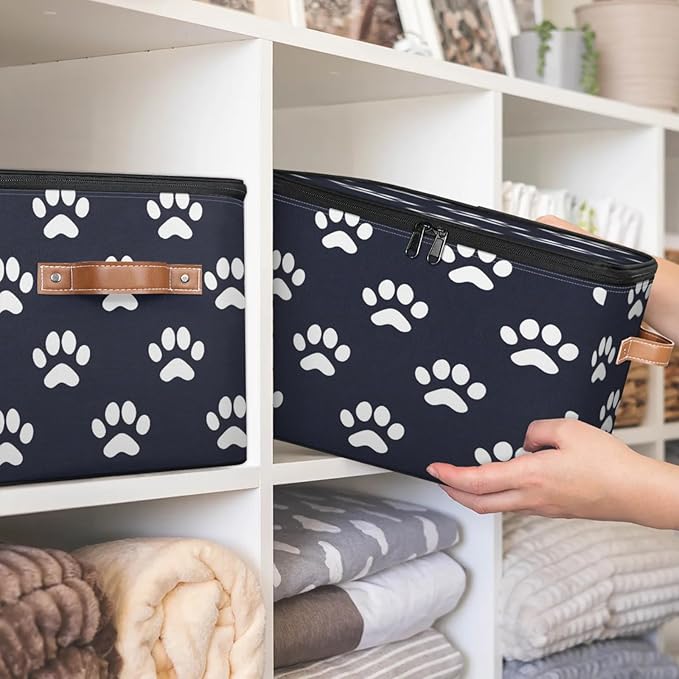 Storage Cubes with Lid Fabric Storage Bins Boxes PU Leather Handles, Dog Paw Print Closet Organizer Container Foldable Washable Shelf Cloth Basket, Dog Paw Print