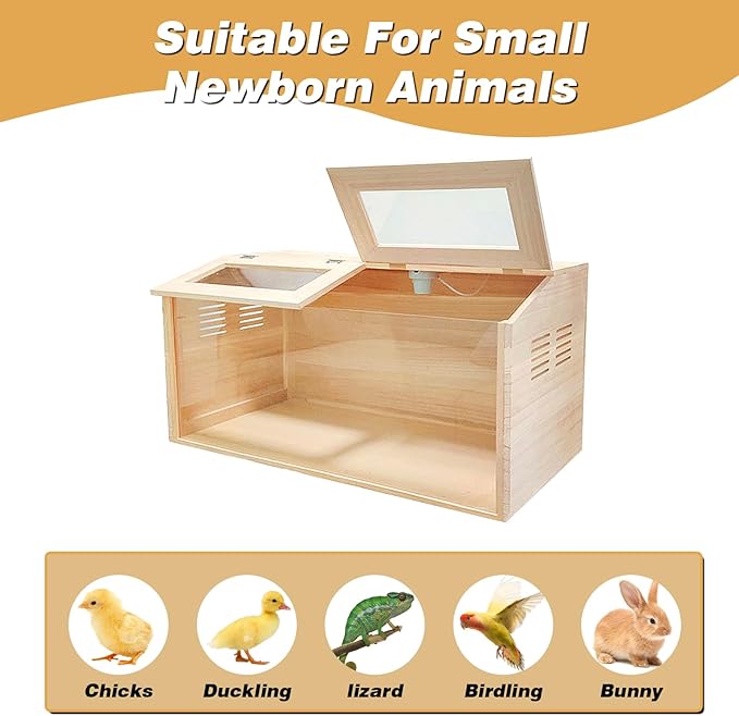 Solid Wood Chicken Brooder Box with Lighting Kit & Thermometer - Indoor Brooding for 25 Chicks (32x16x16) - Ideal for Chickens, Ducks, Quails, Hamsters & Lizards (XL)