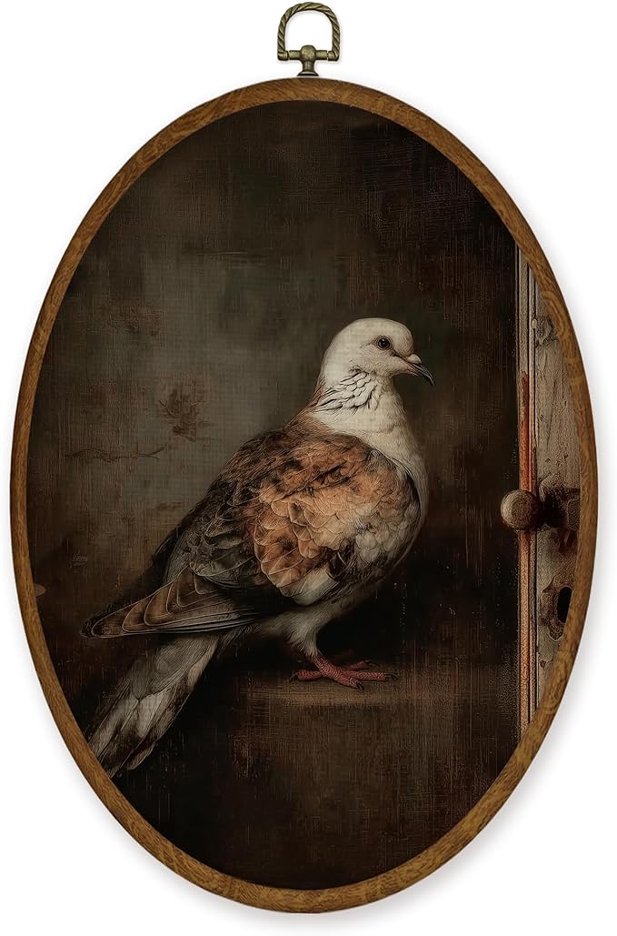 WULQYING Vintage Pigeon Wall Art Decor, Rustic Farmhouse Animal Moody Dark Academia Oval Framed Canvas Art Prints, Retro Cottagecore Wall Hanging Decor for Home Bedroom Living Room, 8.6x11.4 Inches