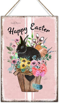 Happy Easter Flower Basket Bunny Home Wall Art Plaques French Style Floral Pink Stripes Wall Art Decor Sign Spring Farmhouse Decor Easter Bunny Wall Decor Sign for Bedroom 8x12in