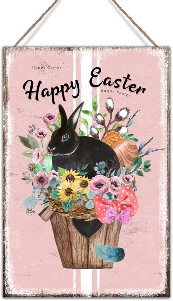 Happy Easter Flower Basket Bunny Wood Home Sign Plaques French Style Floral Pink Stripes Wooden Sign Plaque Spring Greetings Happy Easter Sign Plaque for Entryway 12x18in