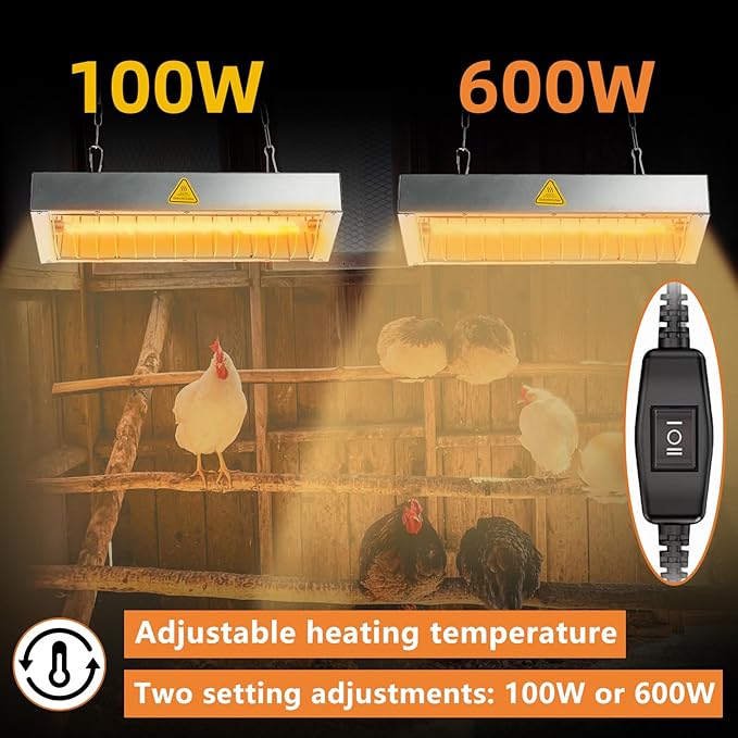 2 Pack Chicken Coop Heater for Winter (400W+600W), Heat Lamp for Chickens, Chicken Heater for Coop with 2 Heating Settings, for Poultry, Dogs, Pets, Birds, Animals (Small*1＋Large*1)