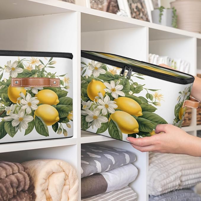 Lemon Fruits Storage Bins with Lids, White Flower Fabric Storage Boxes with Zipper, Collapsible Decorative Closet Organizer Cube for Clothes, Toys, Organizing, Shelves
