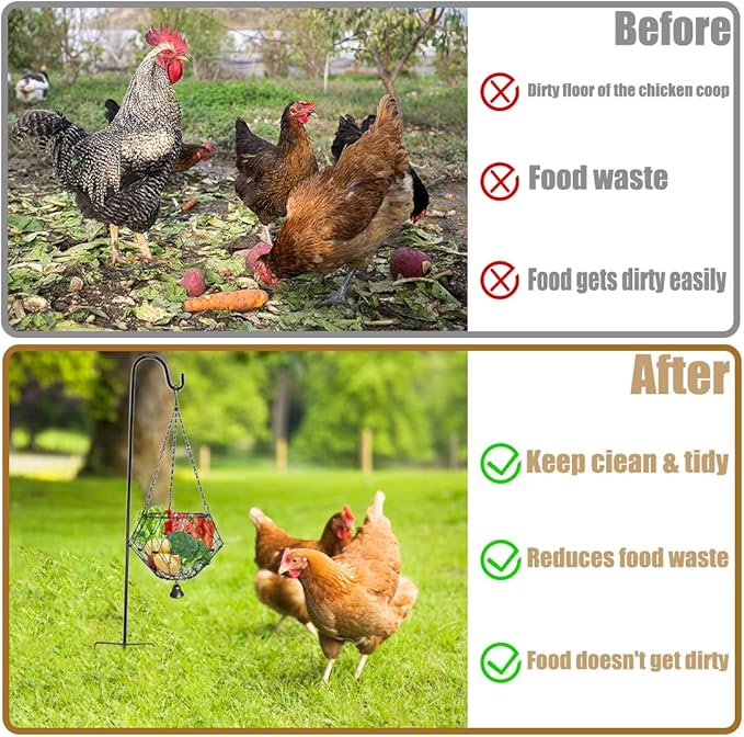 Hanging Chicken Feeder,Chicken Toys for Coop, Foldable Poultry Vegetable Fruits Feeder Basket with Shepherd's Hook, Veggie Treat Ball Boredom Toys for Chicken Coop