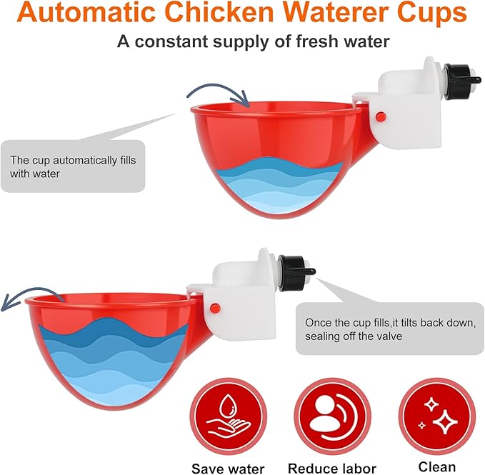 Automatic Chicken Waterer Cups, 6 Packs Large Chicken Water Feeder, Chicken Water Cups, Poultry Waterer Great for Duck, Chicken, Goose, Turkey, Bunny and Bird with Installing Drill