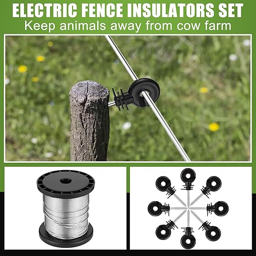 2-Mile 5000V 0.1Joule Electric Fence for Preventing Animals Intruding, 50 Black Fence Insulator and 1 Socket Tool, 250ft Aluminum Wire for Electric Fencing Grid System Accessories