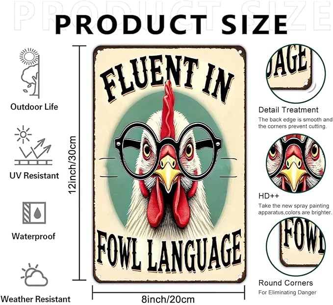 Funnysign Chicken Gifts Vintage Chicken Fluent In Fowl Languages Tin Sign for Chicken Coop Farm Kitchen Garden Yard Decor 8x12 inch(3917)