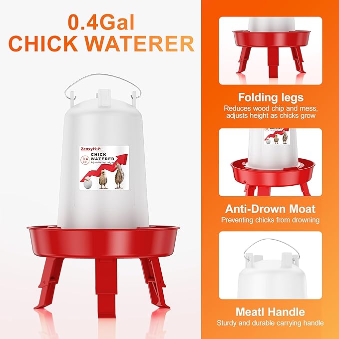2-in-1 Chick Starter Set: 0.8 Gal Feeder & 0.4 Gal Waterer with Adjustable Legs for Baby Chicks, Includes Scoop, Hanging Hooks, Anti-Drown Design - BPA-Free Plastic (Red)