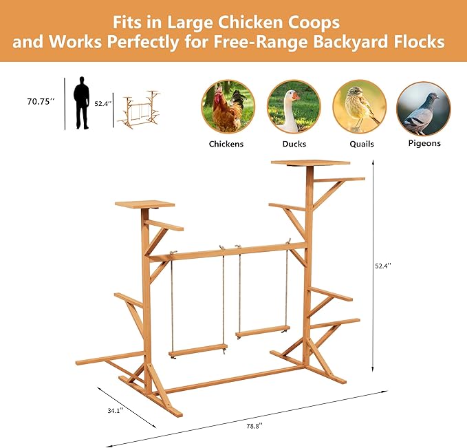 Large Wooden Chicken Perch Stand Roosting Bars with 2 Swings, Multi-Level Chicken Playground for Hens, Ducks & Pigeons, Sturdy Fir Wood Hens Jungle Gym for Coop or Backyard