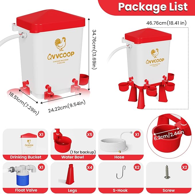 Automatic Chicken Waterer with Float Valve, Float Control Poultry Waterer with Hose for Duck Turkey, Chicken Coop Accessories, Standing/Hang Use, 3 Gallon(Upgraded), Red