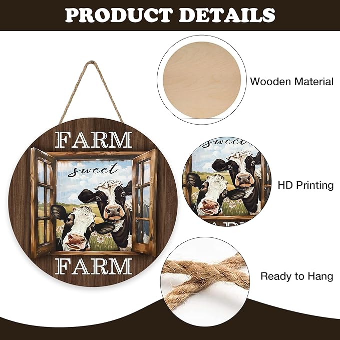 Funny Farm Sweet Farm Cow Front Door Sign, Vintage Farmhouse Animals Wood Hanger Outdoor Outside Porch Home Decor, Rustic Country Barn Wooden Wreath Indoor Wall Hanging Decoration Farm Gifts