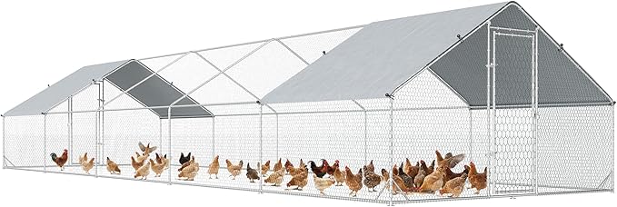 PawHut Large Chicken Coop Metal Chicken Run with Waterproof and Anti-UV Cover, Spire Shaped Walk in Fence Cage Hen House for Outdoor and Yard Farm Use, 1" Tube Diameter, 9.8' x 32.8' x 6.4'