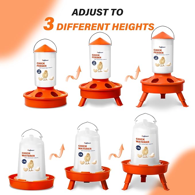 Chick Feeder and Waterer Kit, Top Fill 1.5kg Chick Feeder and 1.5L Chick Waterer with 3 Adjustable Heights