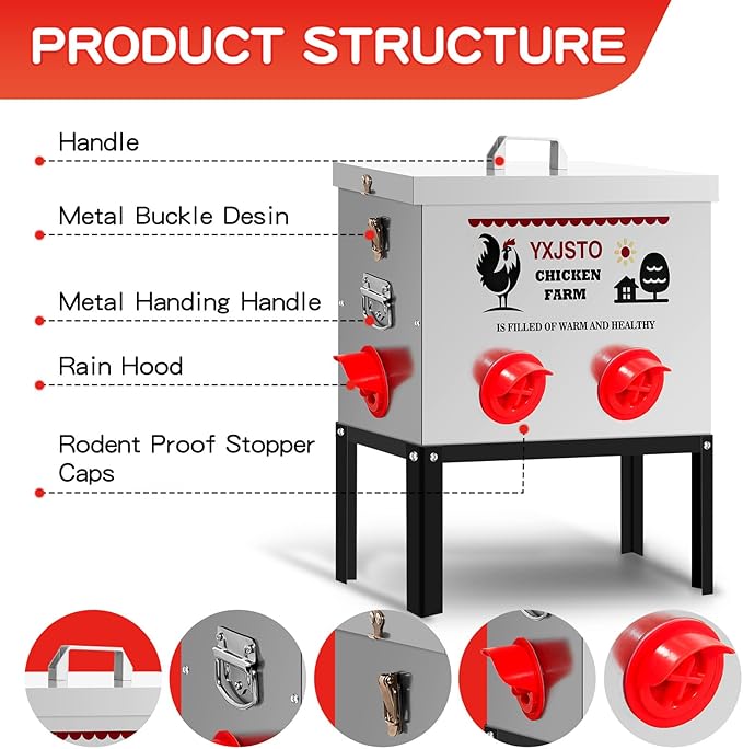 40LB Automatic Chicken Feeder with 6 Ports, Heavy Duty Metal No-Waste Poultry Feeder, Rustproof & Weatherproof Chicken Feeder with Adjustable Legs & Locking Lid
