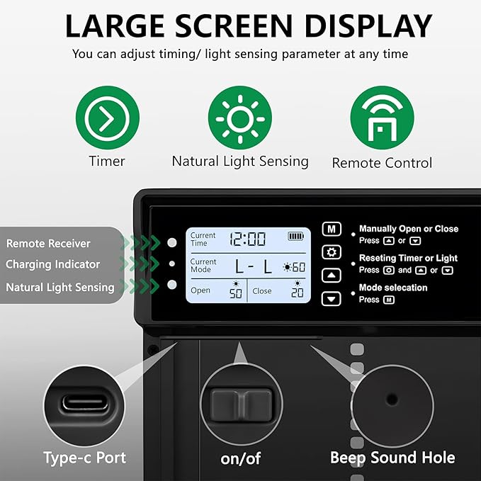 Automatic Chicken Coop Door Solar Powered, LCD Display Automatic Chicken Door with Timer & Light Sensor Mix 4Modes, Aluminum Waterproof Coop Door Charge with Solar Panel & USB,Remote Control