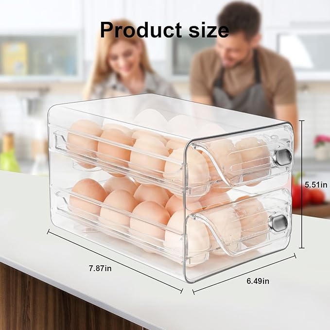 Egg Holder for Fridge 24, 2 Layers Stackable Clear Eggs Organizer, Egg Container for Refrigerator with Eggs 24 Count, Space-Saving Refrigerator Organizers and Storage in Home, Kitchen