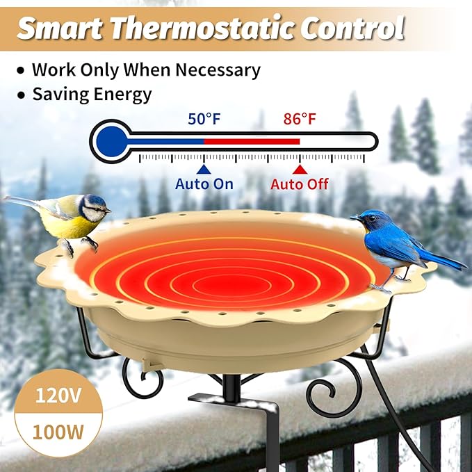 Heated Bird Bath for Deck Railing, Powerful 100W Thermostatically Controlled Heated Bird Baths for Outdoors for Winter, Heated Birdbath Water Heater for Outside Garden Yard Patio Lawn (Khaki)