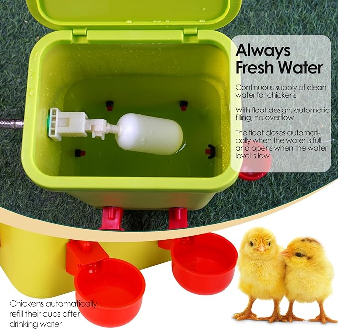 Automatic Chicken Waterer with Float Valve, 3.2 Gallon Hanging Poultry Waterer with 6 Water Cups, Large Duck Quail Turkey Goose Chicken Coop Water Dispenser