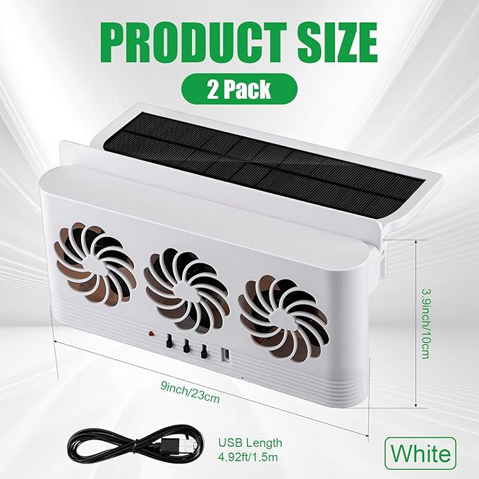2 Pack Solar Powered Car Exhaust Fan 3 Fans Car Window Air Vent Radiator Solar Energy Cooling Vent Exhaust for General Types (Solar & Battery & USB 3 Fans,White)