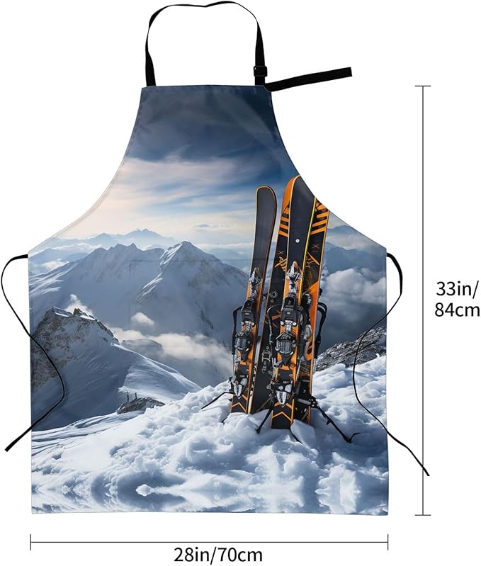 Kitchen Aprons for Men Women Waterproof Apron with 2 Pockets Skis on mountain Apron Adjustable Bib Aprons